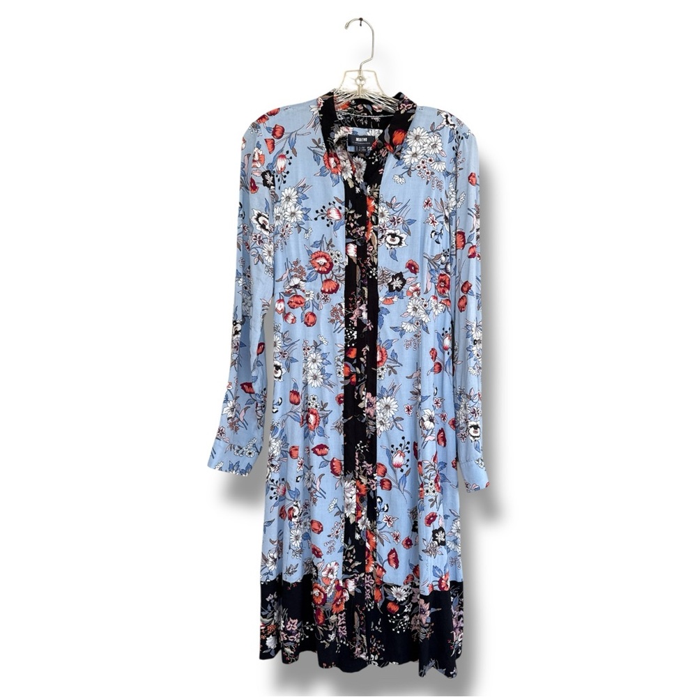 Anthropologie Maeve Leyster Blue Floral Shirt Dress Size 4 - Picture 2 of 9